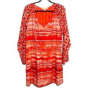 Michael Kors Hot Coral Geo Print Dress Sz 14 Long Sleeve